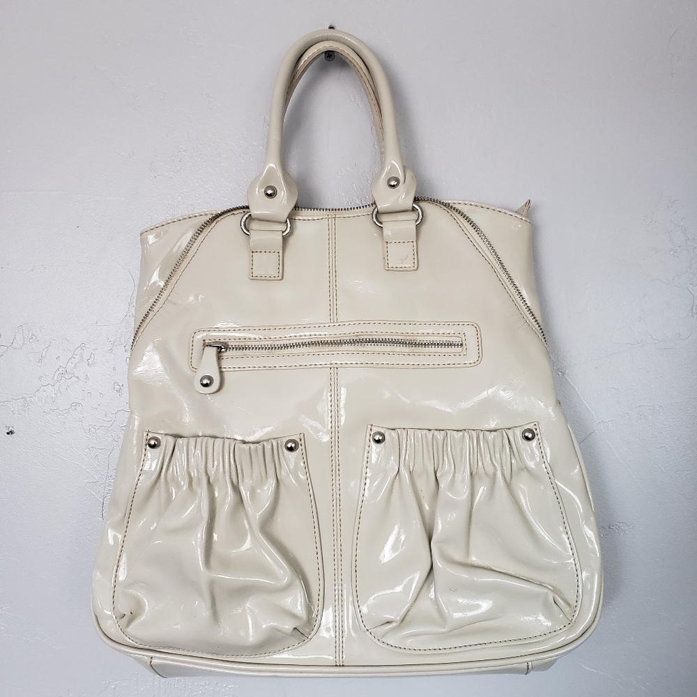 Barneys New York Ivory Patent Leather Handbag Purse Tote